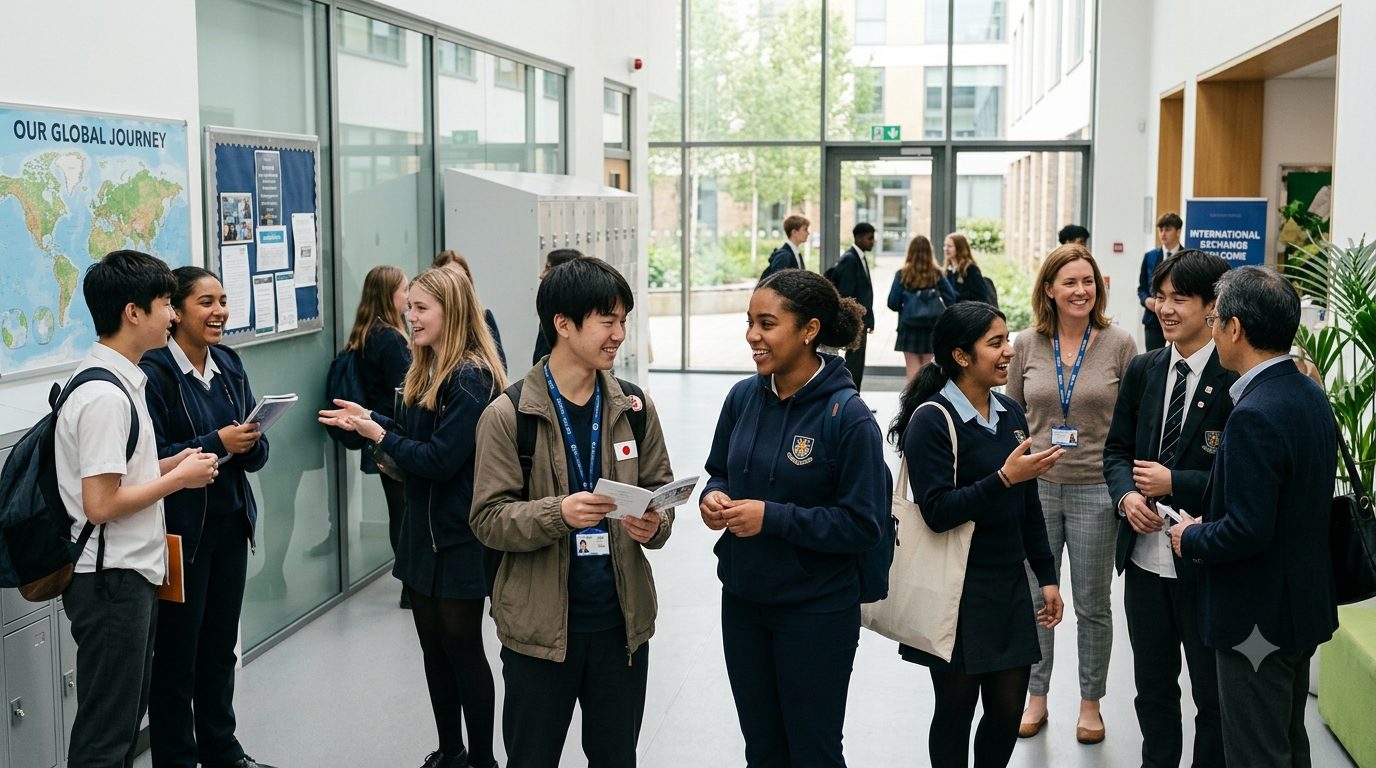 International students and staff greeting each other in a school hallway