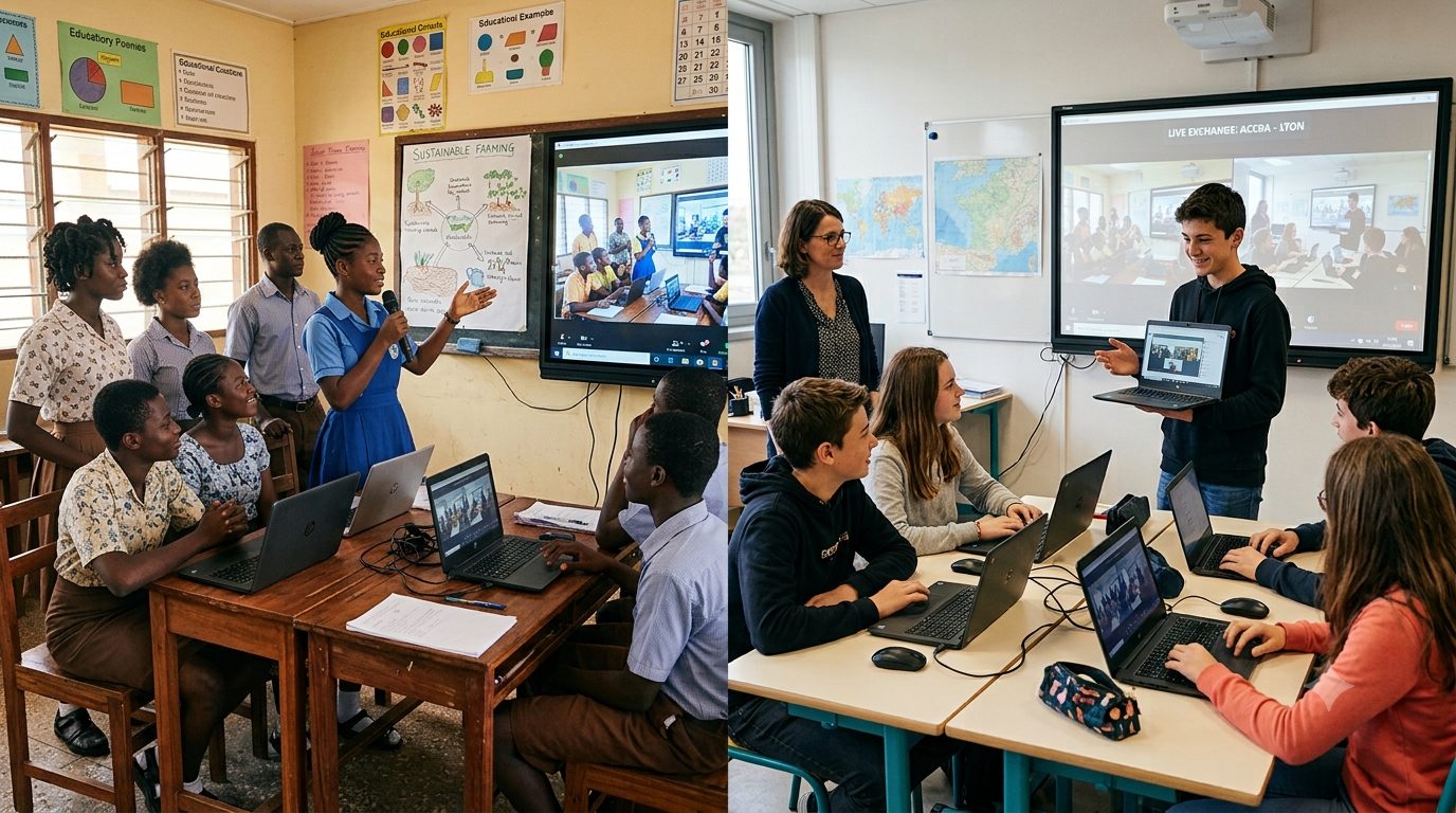 Classrooms in Africa and Europe connecting live through a video exchange